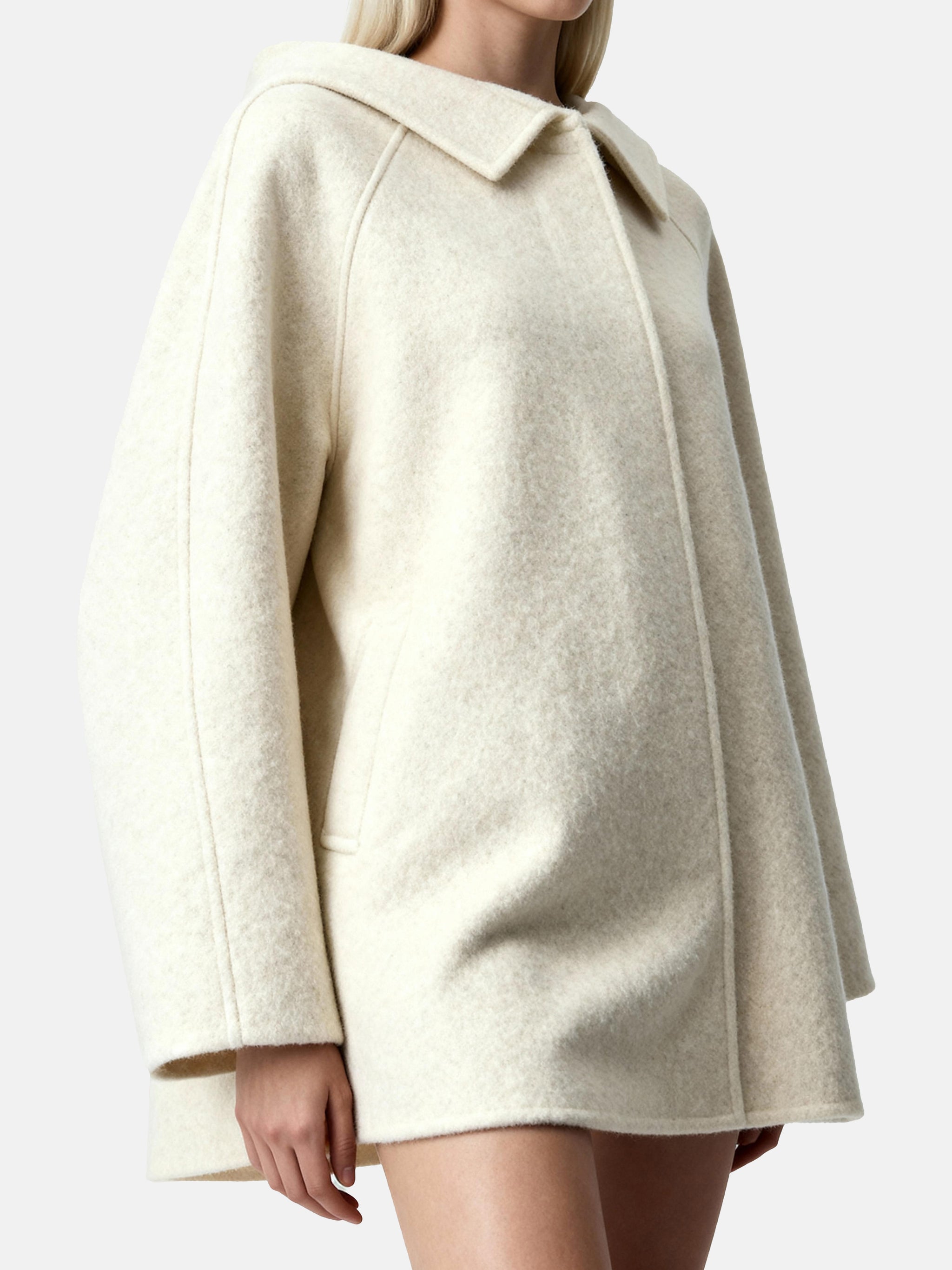 SELVANE cream wool-cashmere hooded coat, A-line silhouette, oversized hood, elegant and serene.