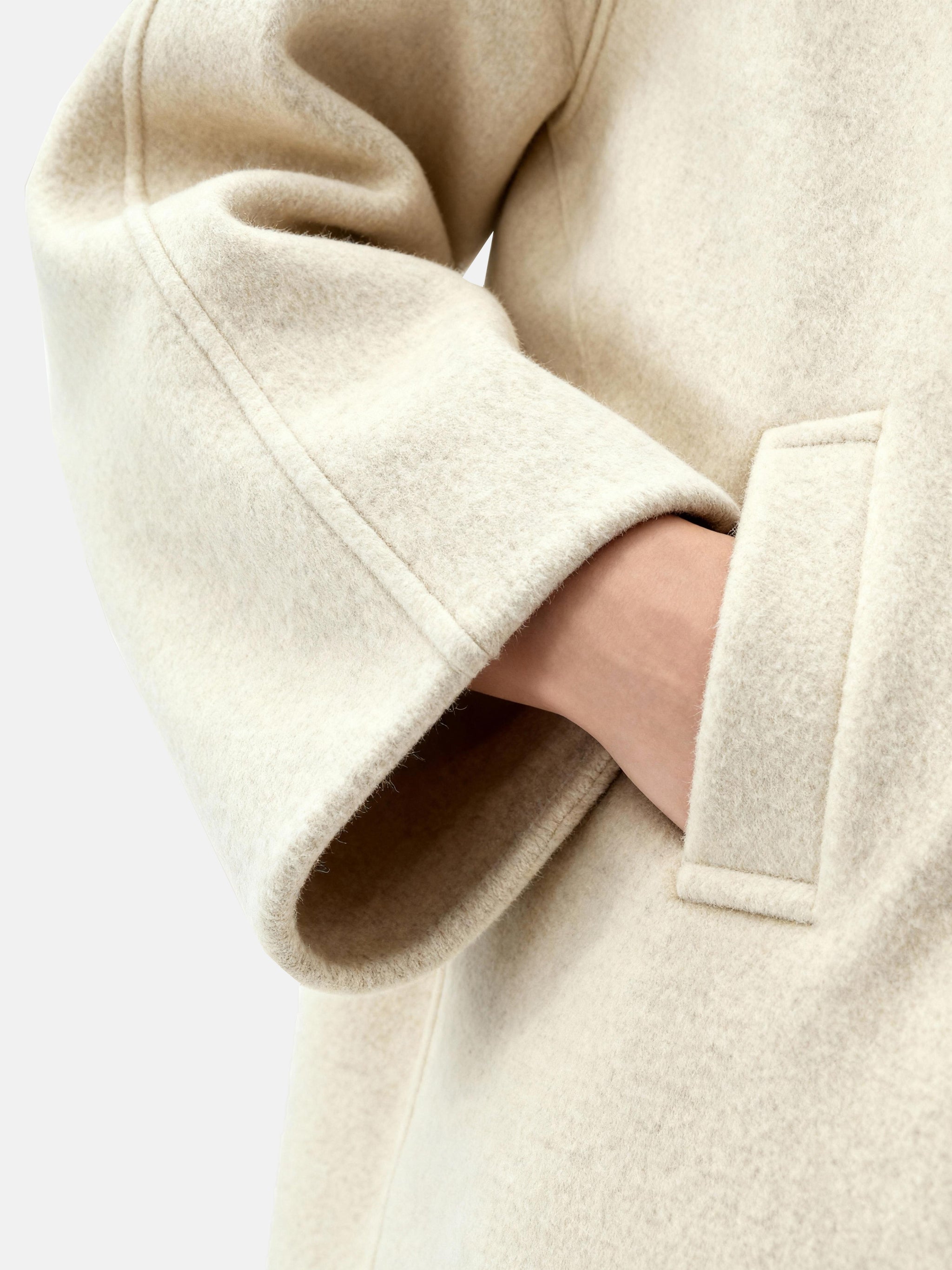 SELVANE cream wool-cashmere hooded coat, A-line silhouette, oversized hood, elegant and serene.