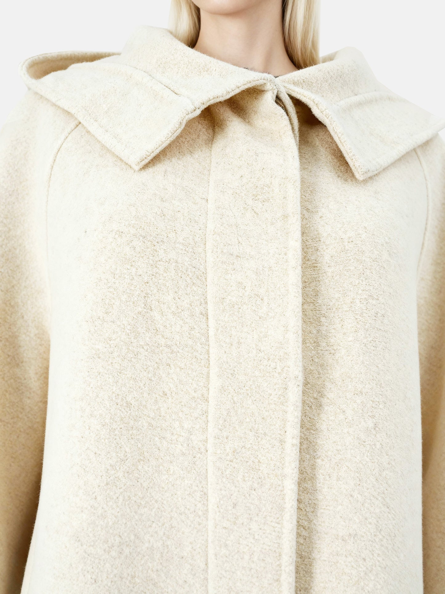 SELVANE cream wool-cashmere hooded coat, A-line silhouette, oversized hood, elegant and serene.