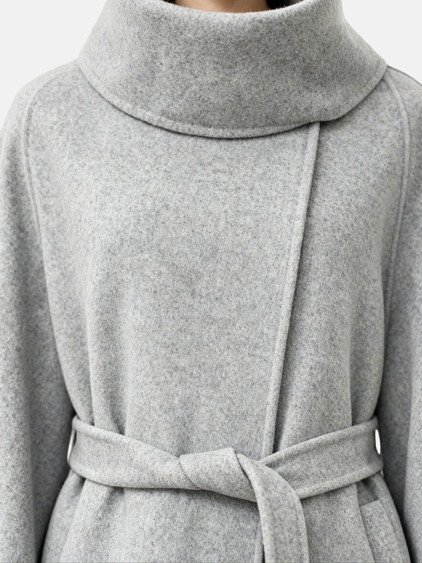 SELVANE Funnel-Neck Wool Coat in grey wool-cashmere, featuring a sculptural funnel neck and clean, seamless lines.