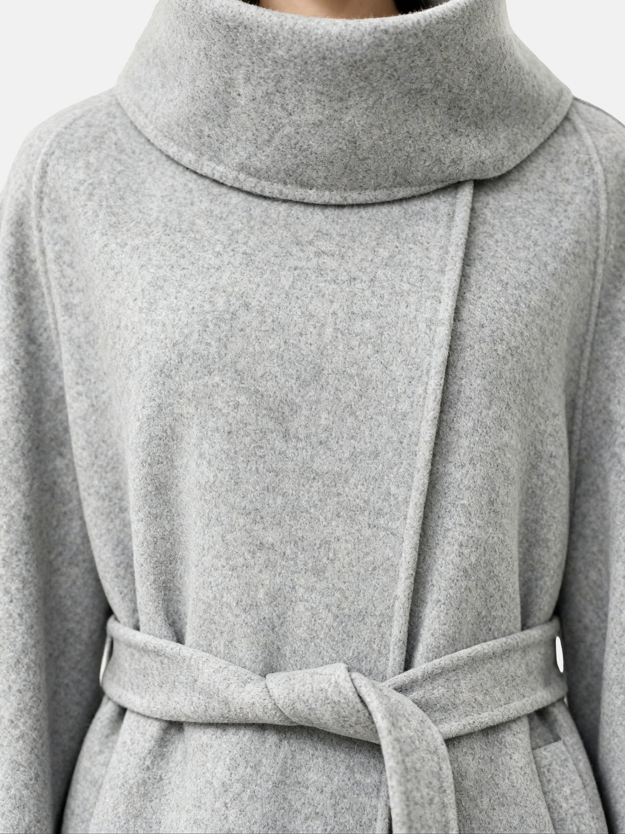 SELVANE Funnel-Neck Wool Coat in grey wool-cashmere, featuring a sculptural funnel neck and clean, seamless lines.