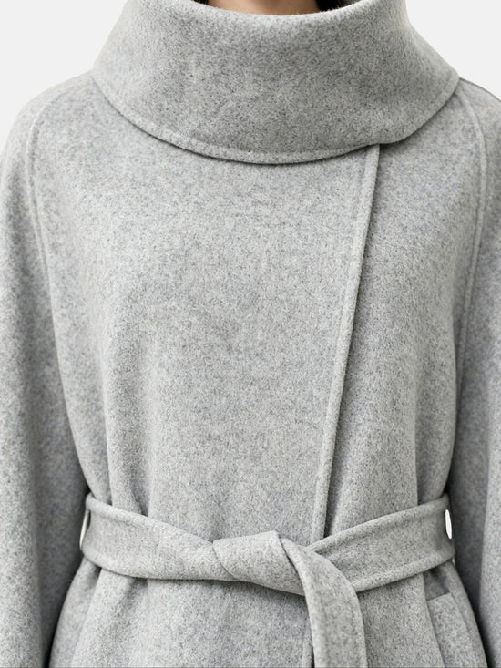 SELVANE Funnel-Neck Wool Coat in grey wool-cashmere, featuring a sculptural funnel neck and clean, seamless lines.