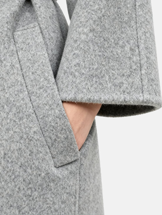 SELVANE Funnel-Neck Wool Coat in grey wool-cashmere, featuring a sculptural funnel neck and clean, seamless lines.