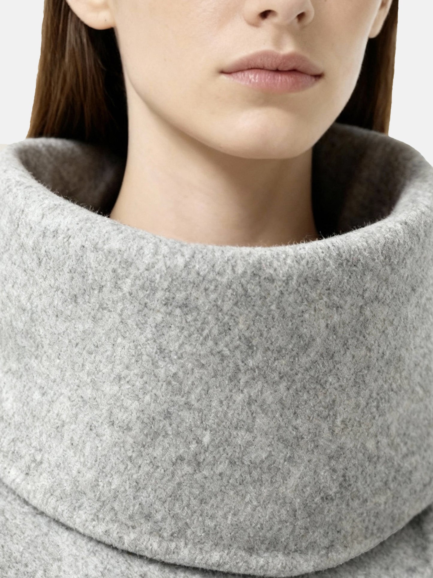SELVANE Funnel-Neck Wool Coat in grey wool-cashmere, featuring a sculptural funnel neck and clean, seamless lines.