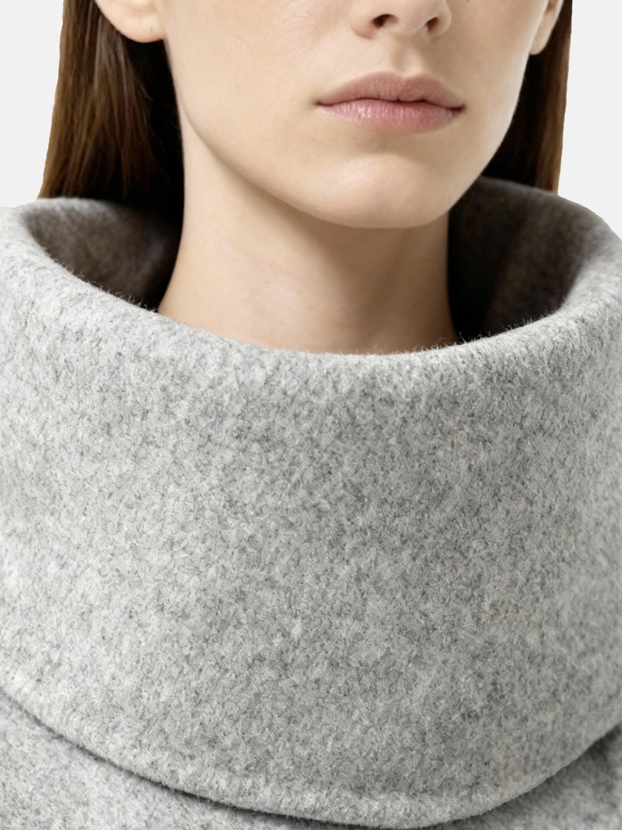 SELVANE Funnel-Neck Wool Coat in grey wool-cashmere, featuring a sculptural funnel neck and clean, seamless lines.