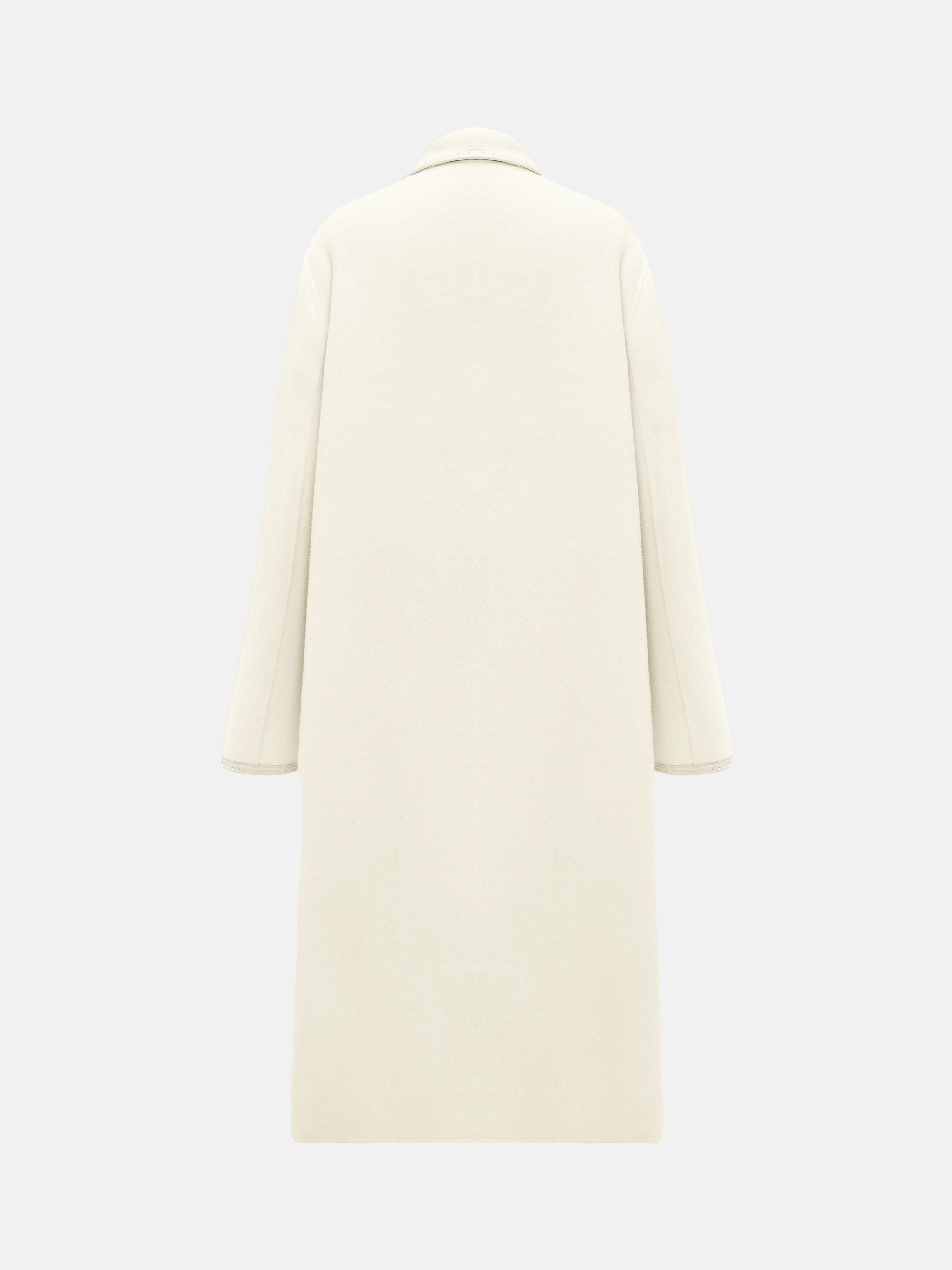 SELVANE Belted Wool Long Coat in a soft wool-llama blend, featuring a fluid drape and clean topstitched edges, worn by a model in a composed stance.