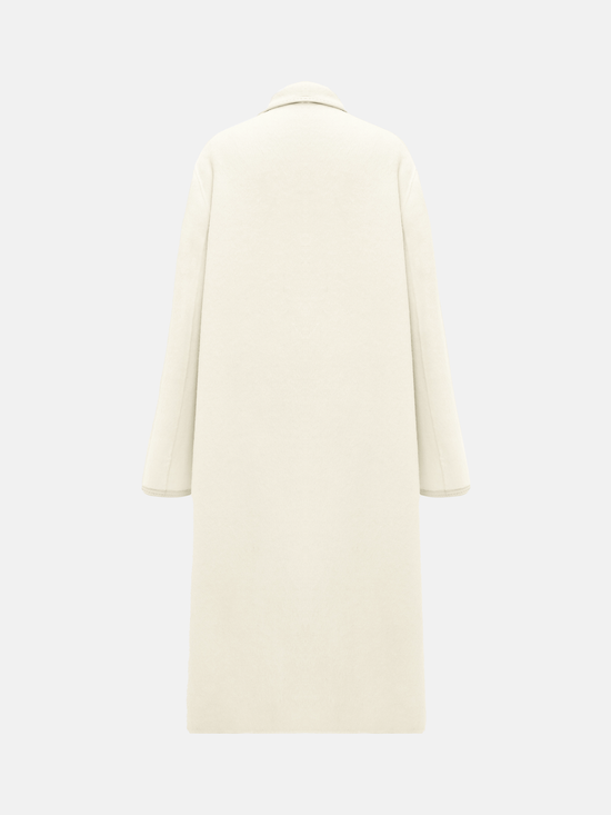 SELVANE Belted Wool Long Coat in a soft wool-llama blend, featuring a fluid drape and clean topstitched edges, worn by a model in a composed stance.