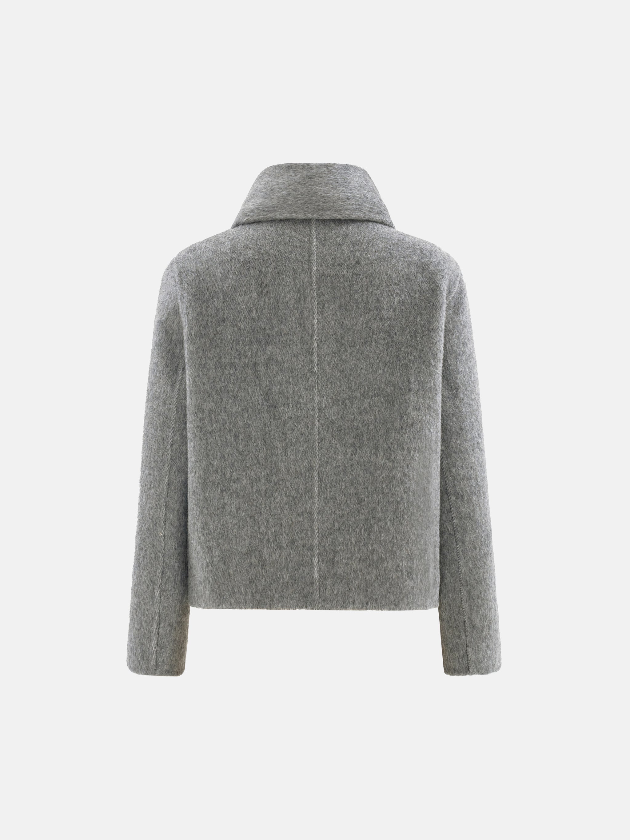 Cropped double-breasted wool-alpaca jacket with integrated scarf collar, styled on a model, front view.