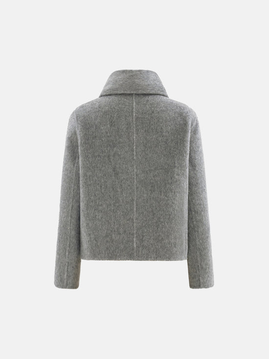 Cropped double-breasted wool-alpaca jacket with integrated scarf collar, styled on a model, front view.