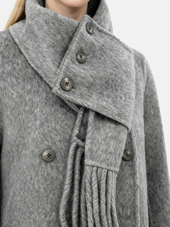 Cropped double-breasted wool-alpaca jacket with integrated scarf collar, styled on a model, front view.