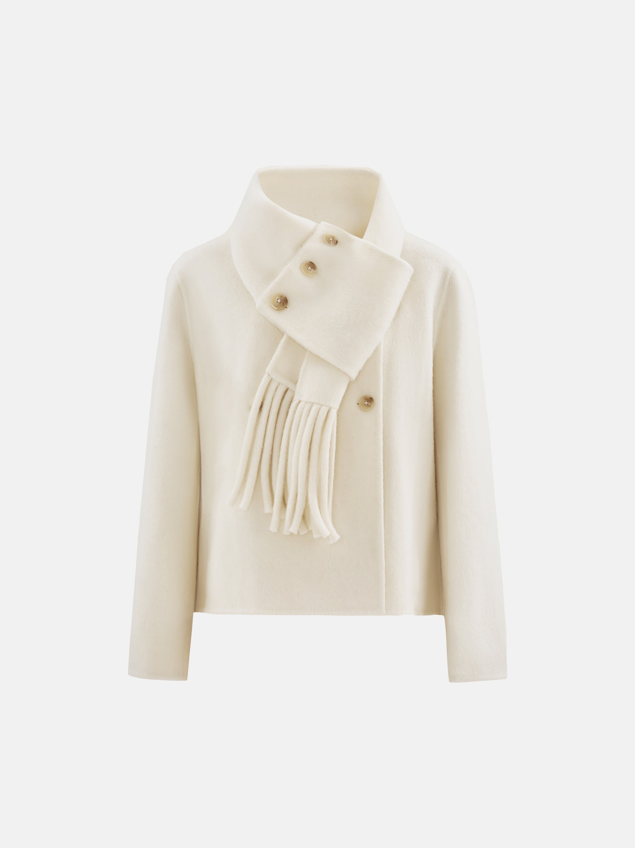 Cropped double-breasted wool-alpaca jacket with integrated scarf collar, styled on a model, front view.