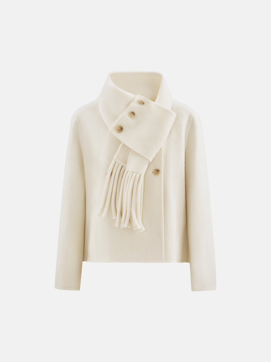 Cropped double-breasted wool-alpaca jacket with integrated scarf collar, styled on a model, front view.