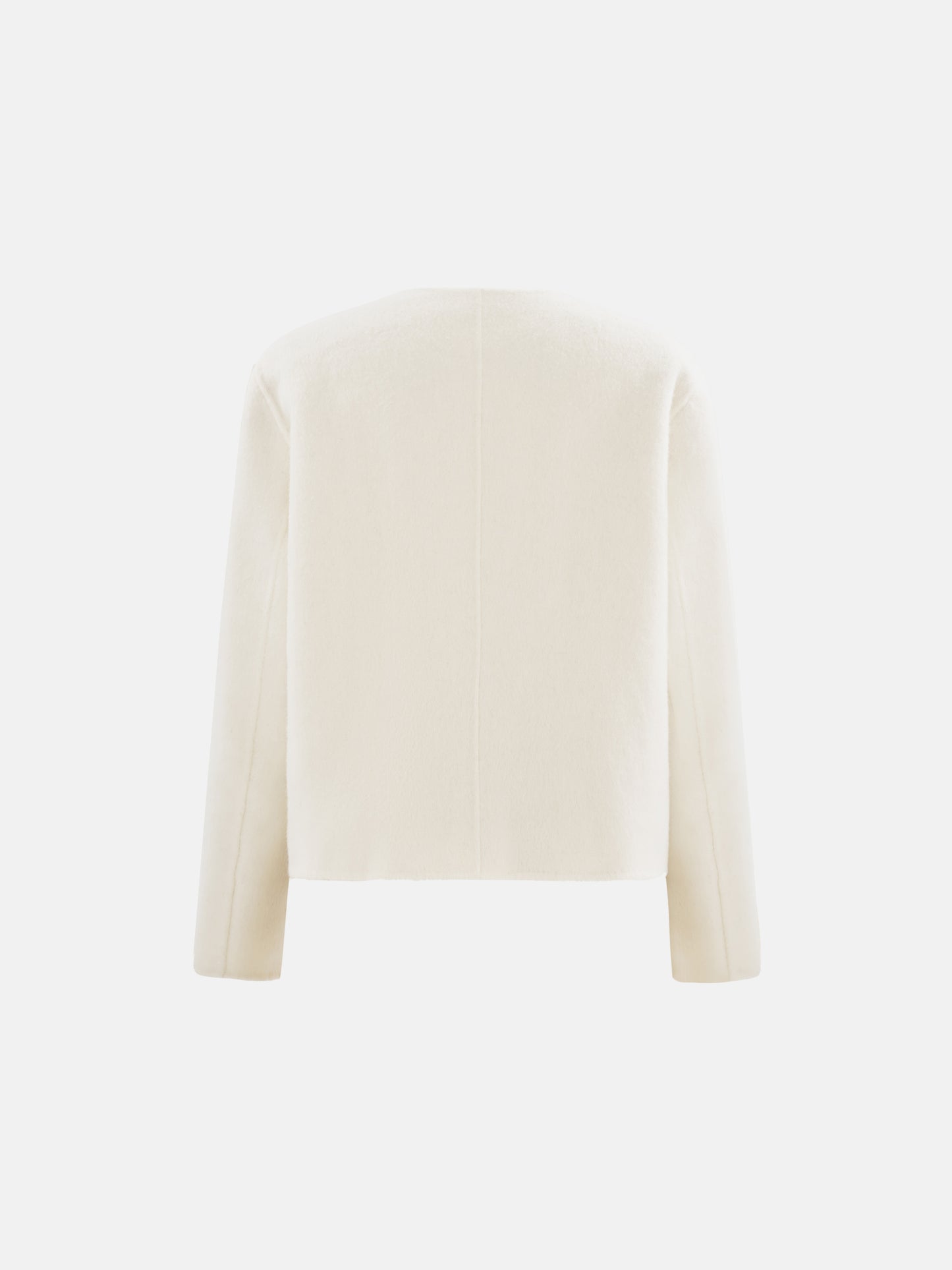 Cropped double-breasted wool-alpaca jacket with integrated scarf collar, styled on a model, front view.