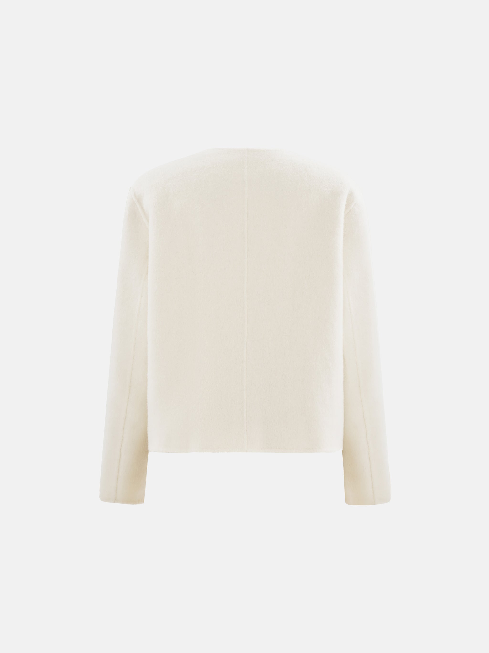 Cropped double-breasted wool-alpaca jacket with integrated scarf collar, styled on a model, front view.