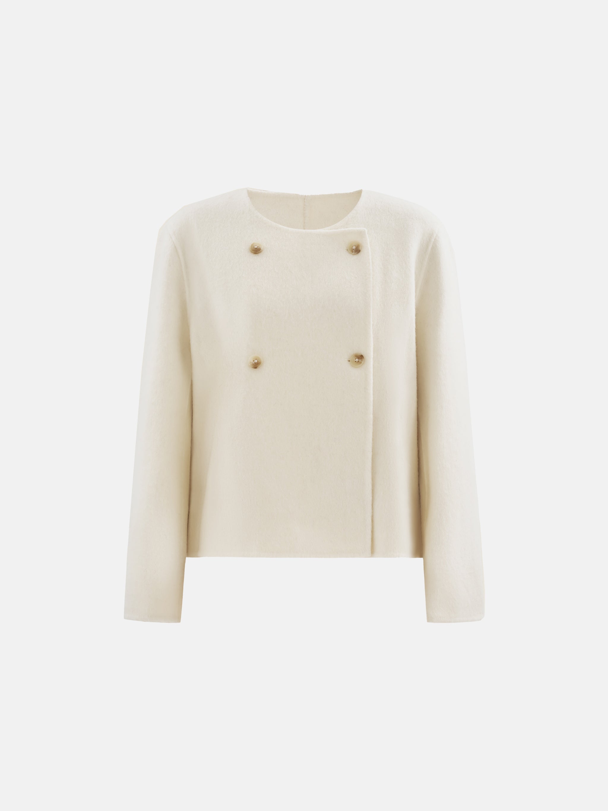 Cropped double-breasted wool-alpaca jacket with integrated scarf collar, styled on a model, front view.