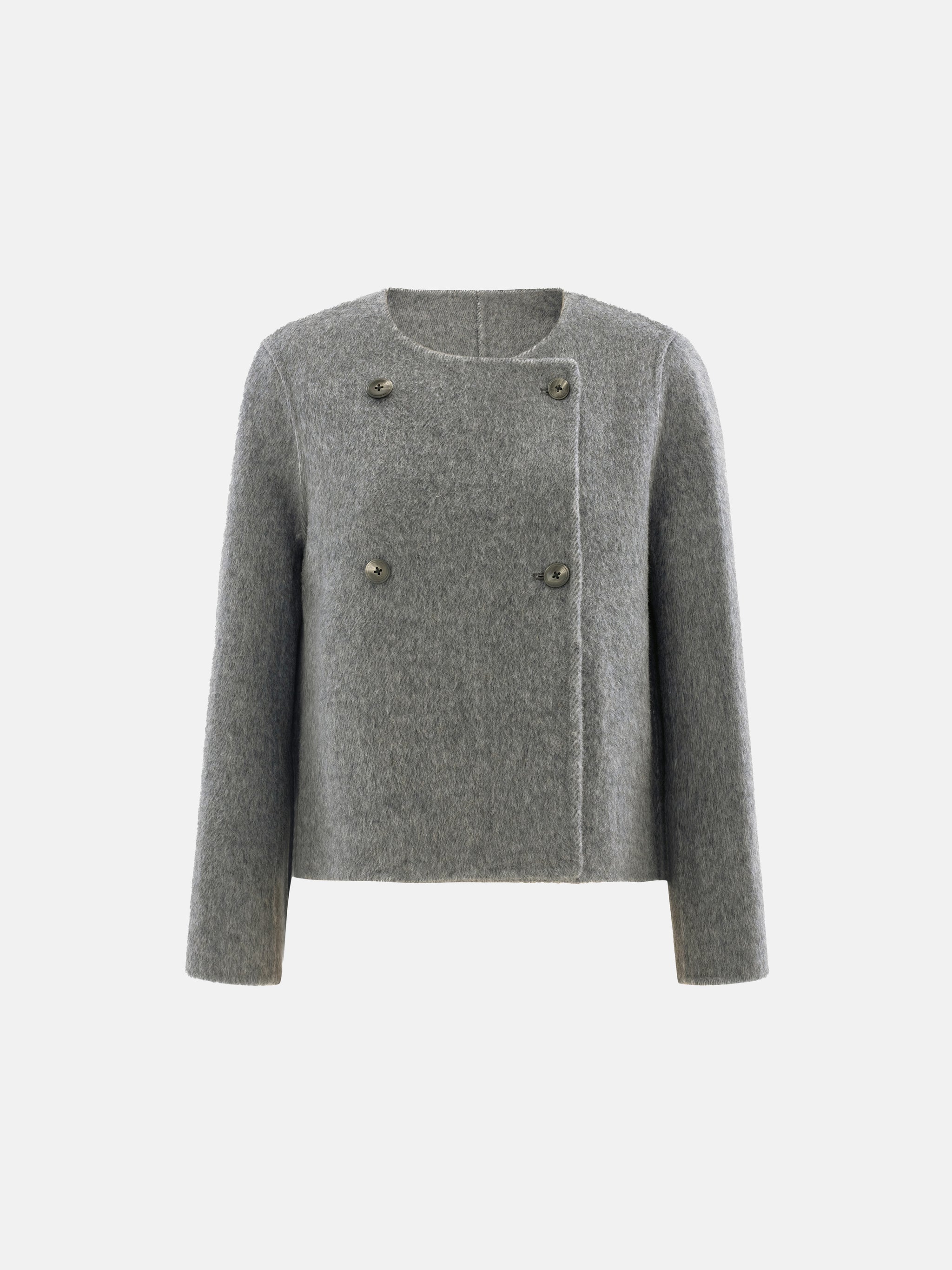 Cropped double-breasted wool-alpaca jacket with integrated scarf collar, styled on a model, front view.