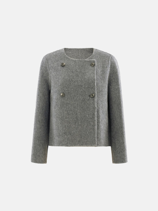 Cropped double-breasted wool-alpaca jacket with integrated scarf collar, styled on a model, front view.