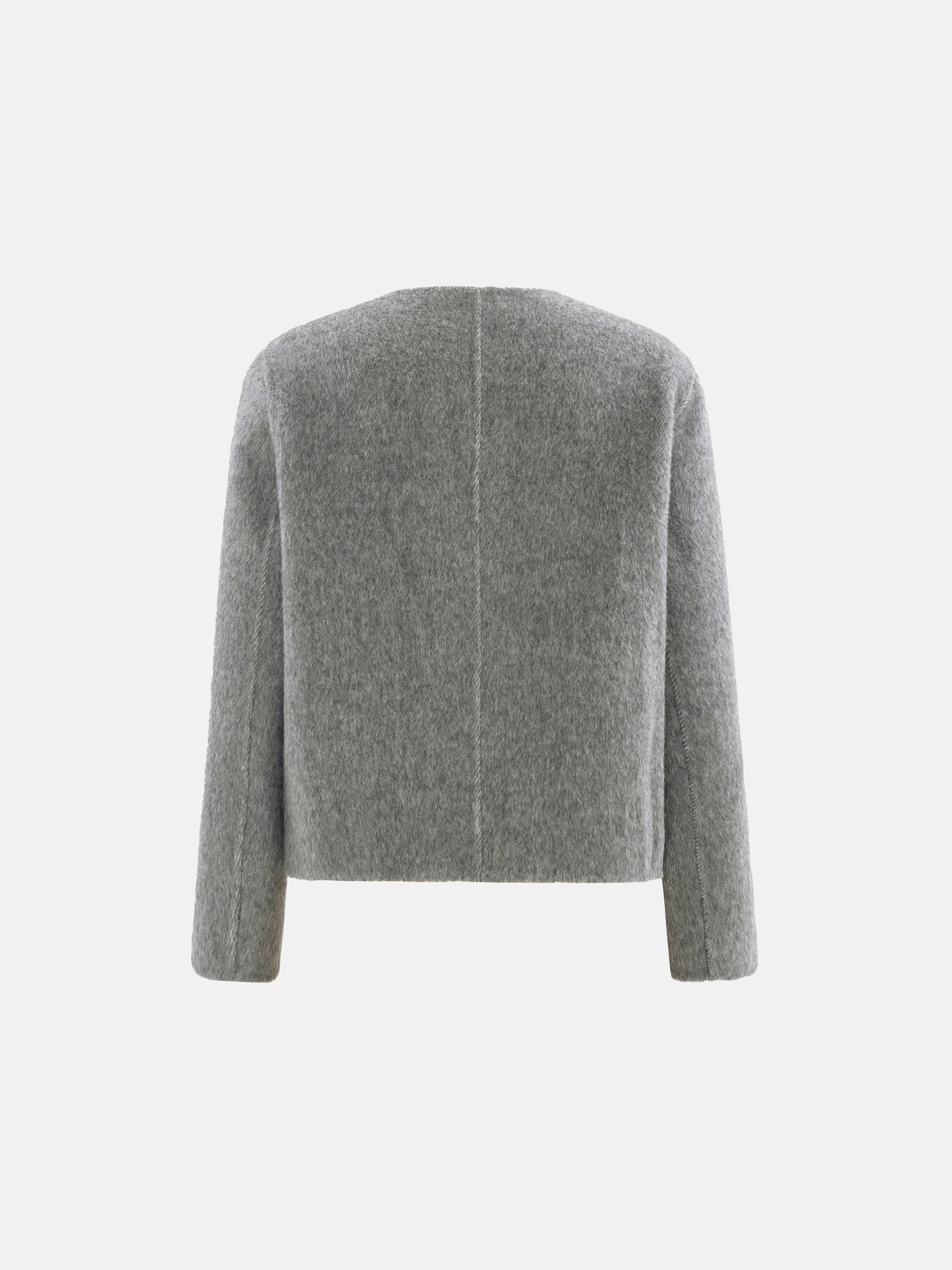 Cropped double-breasted wool-alpaca jacket with integrated scarf collar, styled on a model, front view.
