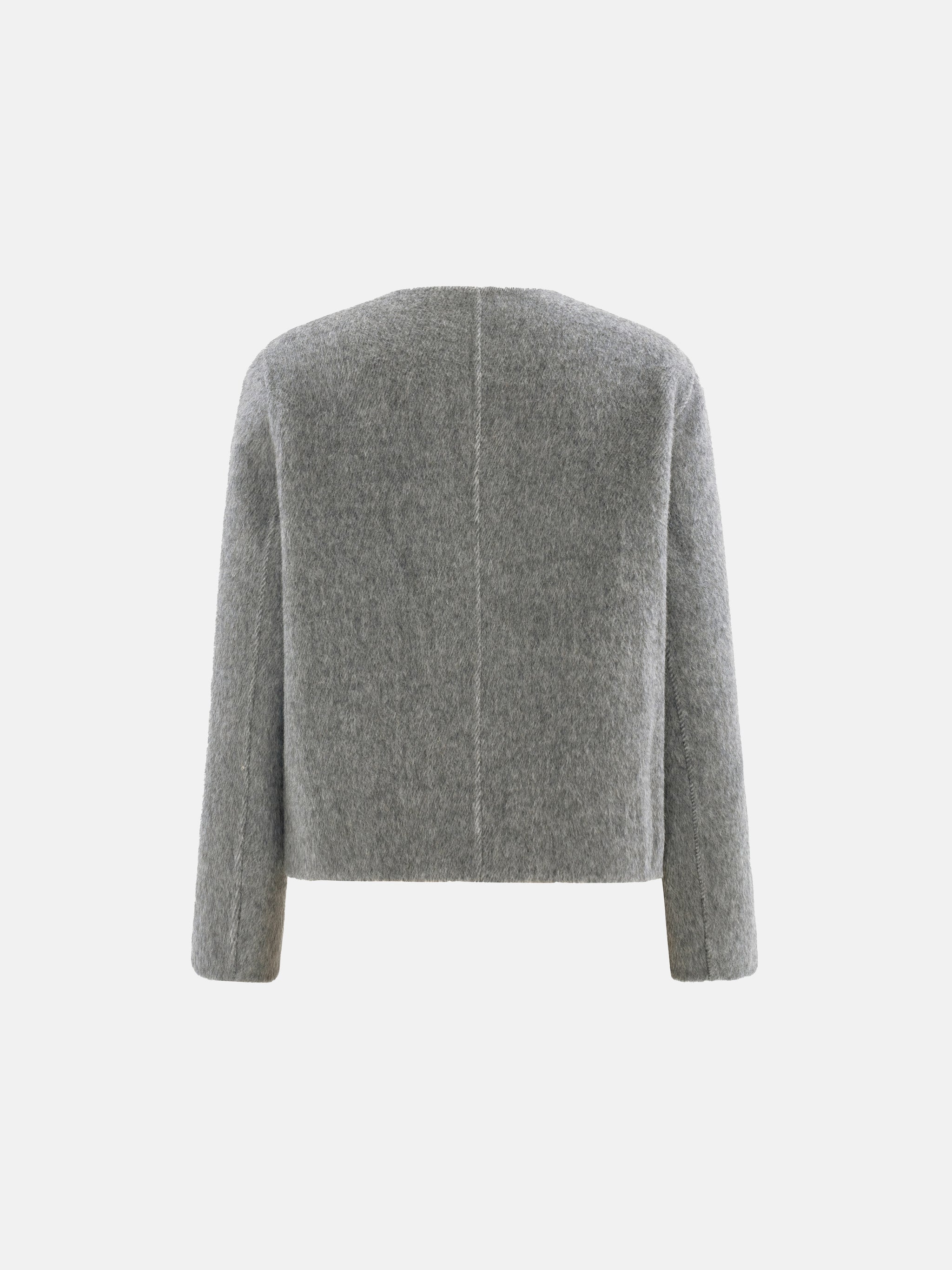 Cropped double-breasted wool-alpaca jacket with integrated scarf collar, styled on a model, front view.