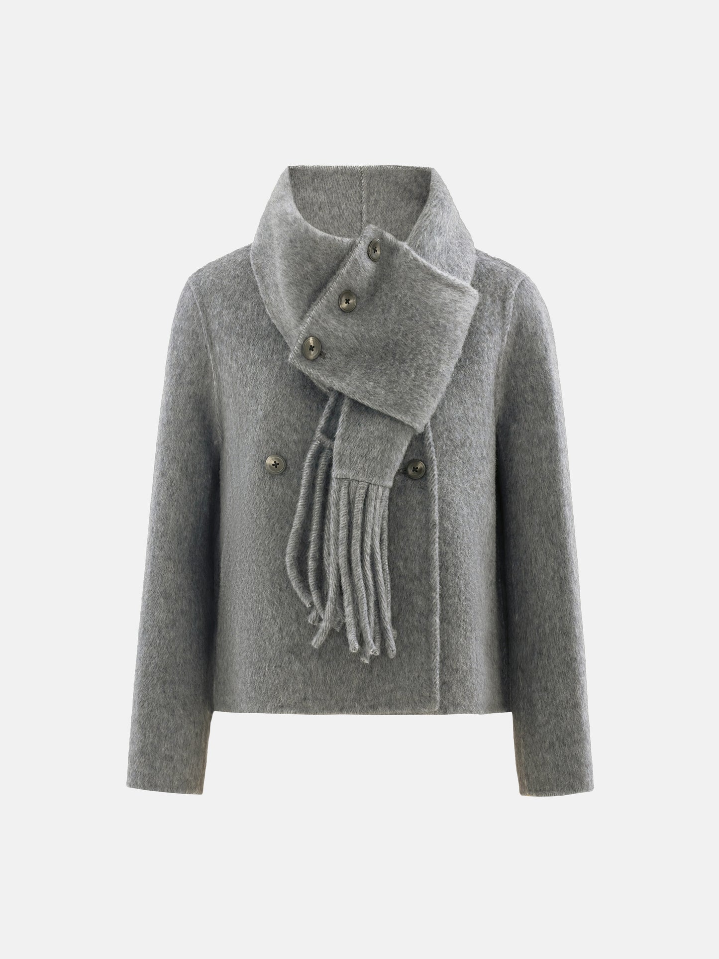 SELVANE Double-Breasted Wool Jacket with Scarf Detail — view 14, showcasing material texture and silhouette detail