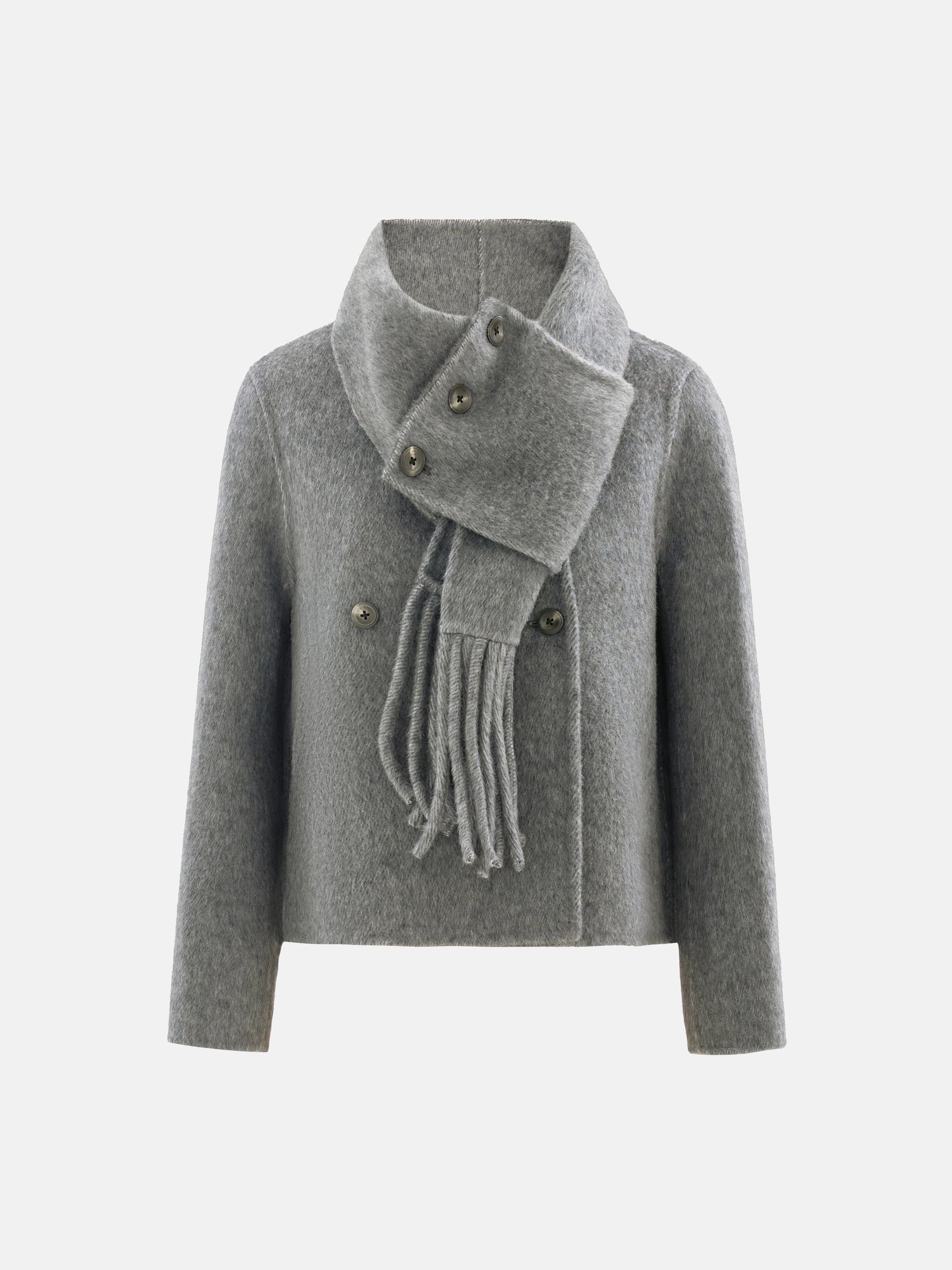 SELVANE Double-Breasted Wool Jacket with Scarf Detail — view 14, showcasing material texture and silhouette detail