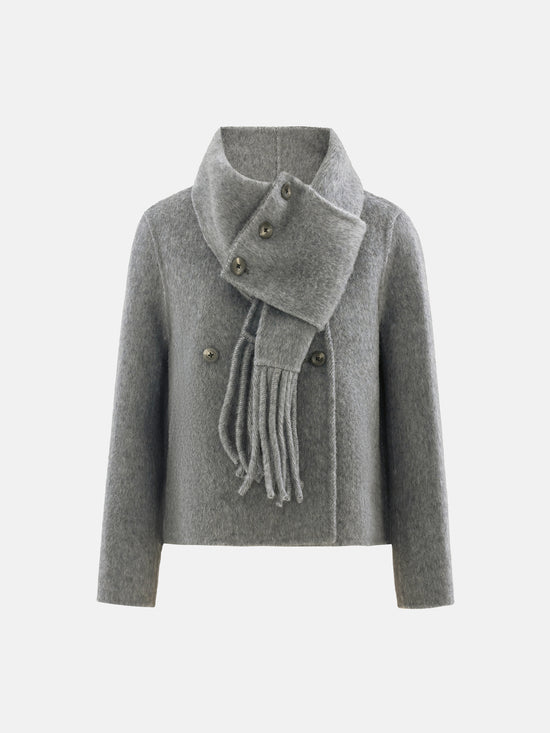SELVANE Double-Breasted Wool Jacket with Scarf Detail — view 14, showcasing material texture and silhouette detail