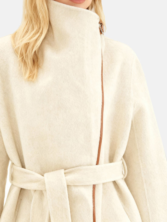 SELVANE Contour Wool Wrap Coat in a light tone with contrast-trim edges and wide shawl collar, draped elegantly.