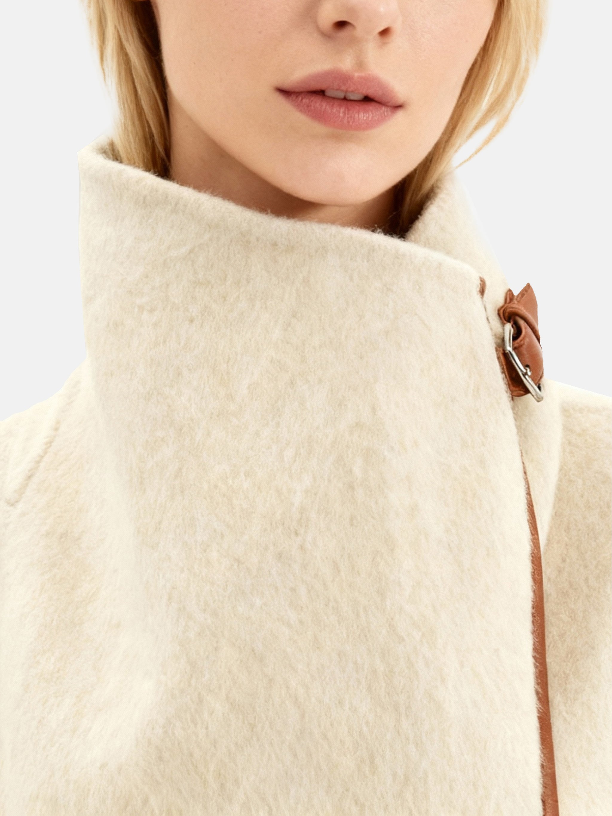 SELVANE Contour Wool Wrap Coat in a light tone with contrast-trim edges and wide shawl collar, draped elegantly.