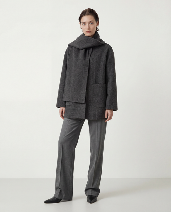 SELVANE Structured Wool Wrap Coat in a neutral tone, featuring a built-in scarf neckline and clean lines, draped elegantly on a figure.