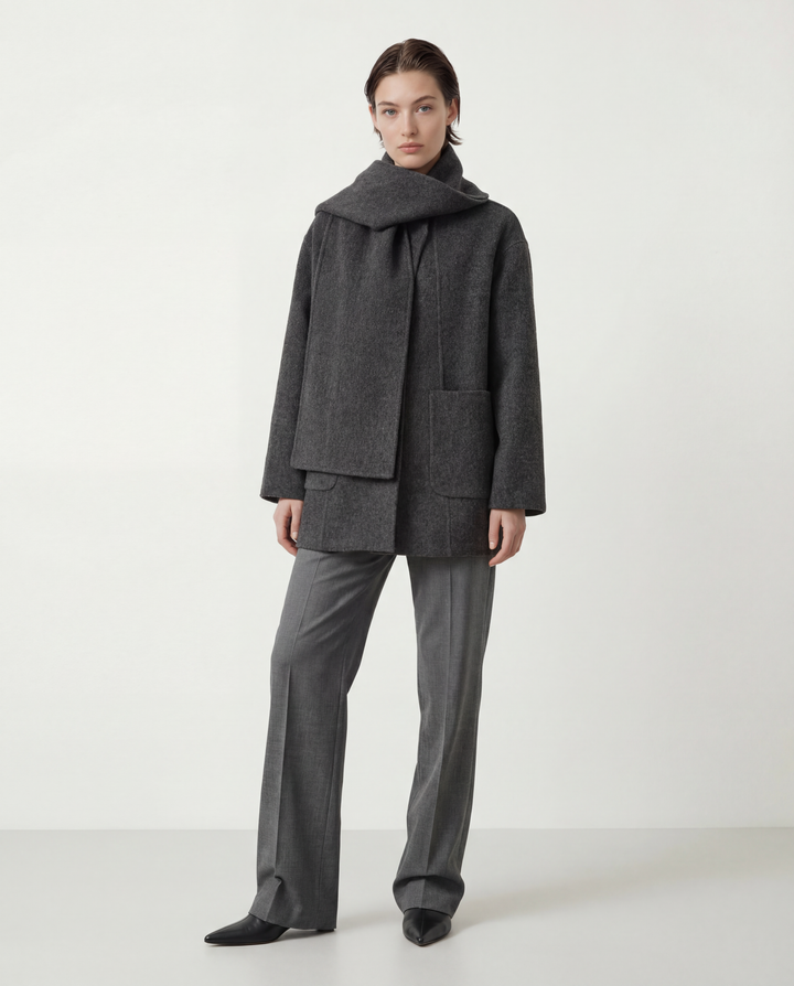 SELVANE Structured Wool Wrap Coat in a neutral tone, featuring a built-in scarf neckline and clean lines, draped elegantly on a figure.