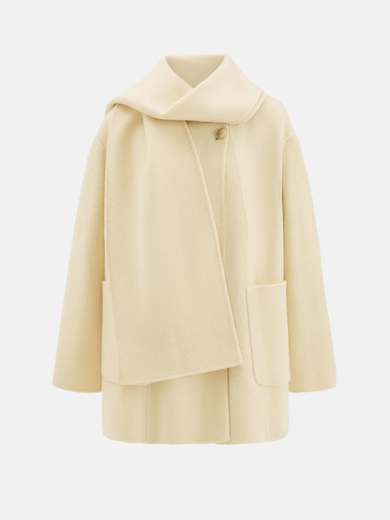 SELVANE Structured Wool Wrap Coat in a neutral tone, featuring a built-in scarf neckline and clean lines, draped elegantly on a figure.