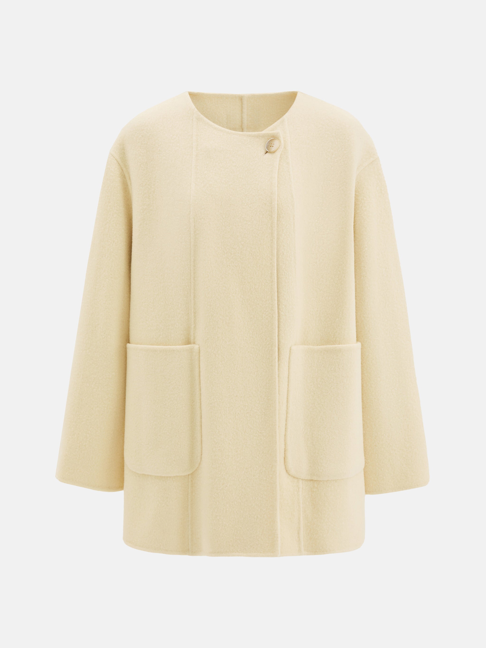 SELVANE Structured Wool Wrap Coat in a neutral tone, featuring a built-in scarf neckline and clean lines, draped elegantly on a figure.