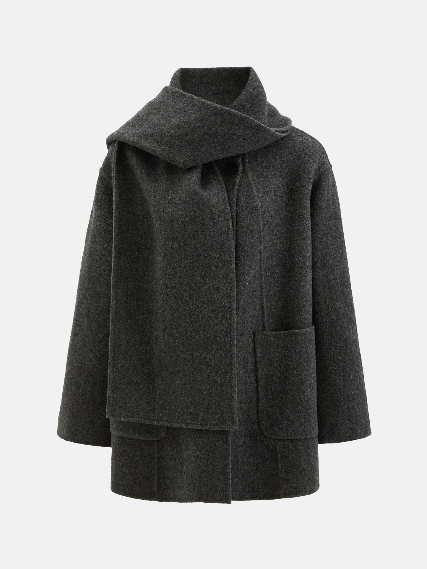 SELVANE Structured Wool Wrap Coat in a neutral tone, featuring a built-in scarf neckline and clean lines, draped elegantly on a figure.