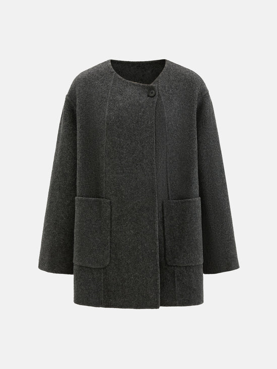 SELVANE Structured Wool Wrap Coat in a neutral tone, featuring a built-in scarf neckline and clean lines, draped elegantly on a figure.