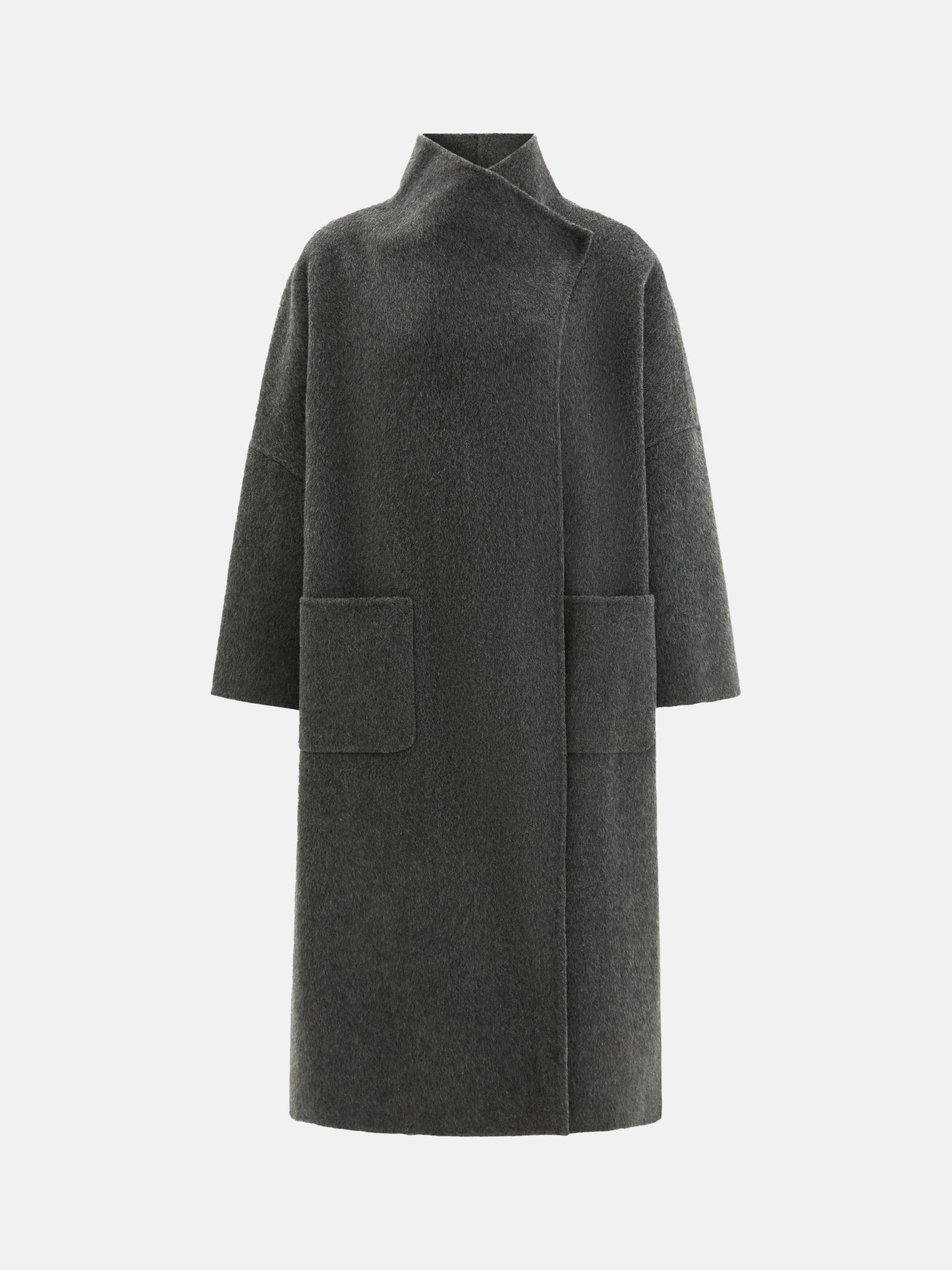 SELVANE Draped Merino Wool Long Coat, open-front, showcasing fluid drape and elongated silhouette on a model.
