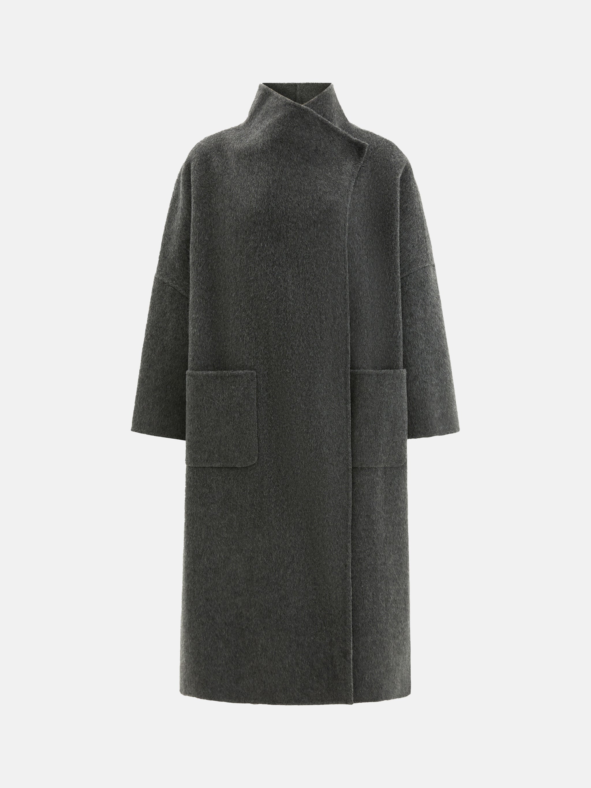 SELVANE Draped Merino Wool Long Coat, open-front, showcasing fluid drape and elongated silhouette on a model.