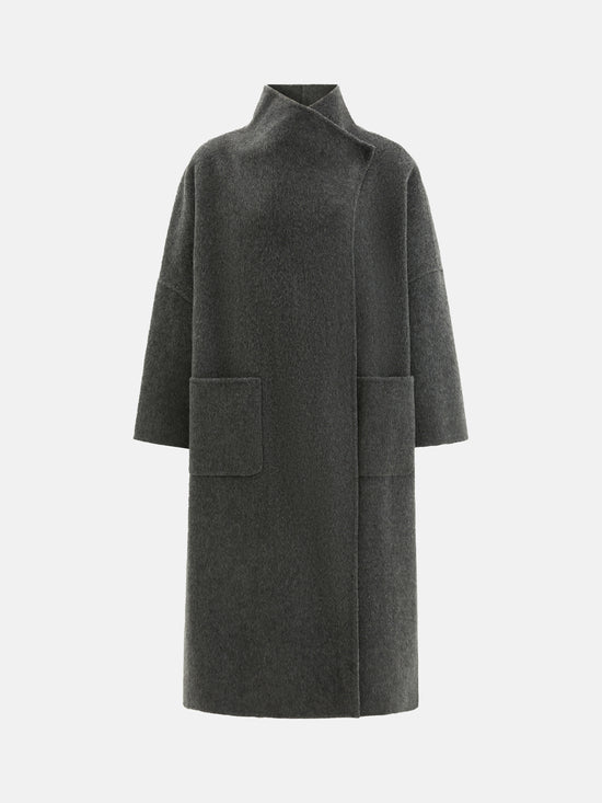 SELVANE Draped Merino Wool Long Coat, open-front, showcasing fluid drape and elongated silhouette on a model.