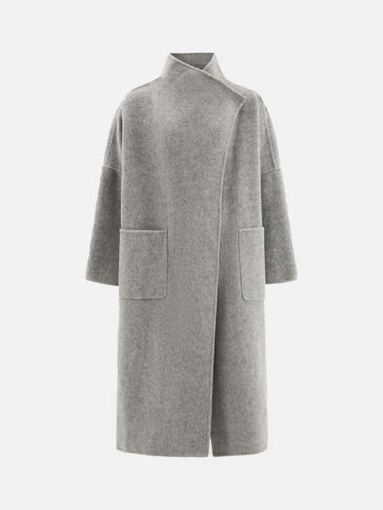 SELVANE Draped Merino Wool Long Coat — view 10, showcasing material texture and silhouette detail