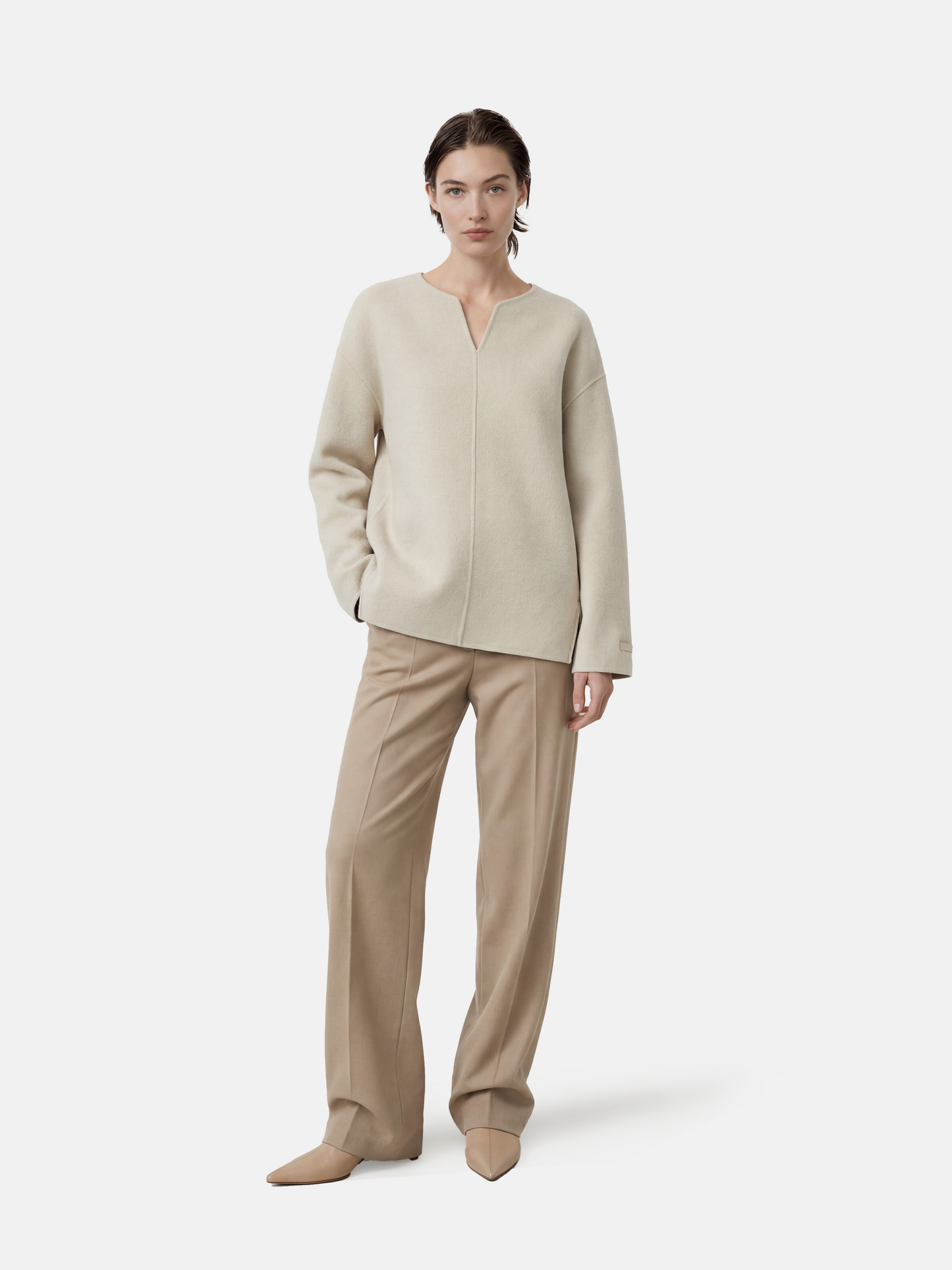 SELVANE Wool V Neck Sweater in a soft wool-cashmere blend, featuring a relaxed V-neck, split neckline, and fluid drape.