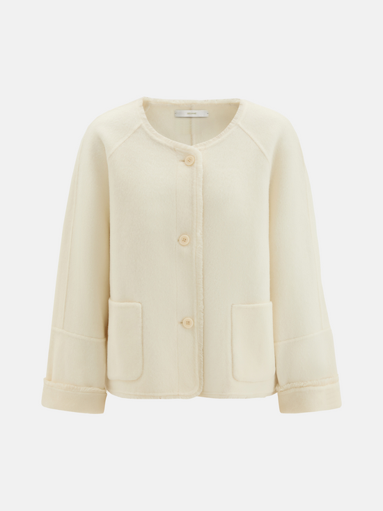 SELVANE Pure Wool Cropped Jacket in a clean round neck, soft boxy lines, and high-hip proportion, showcasing a composed drape.