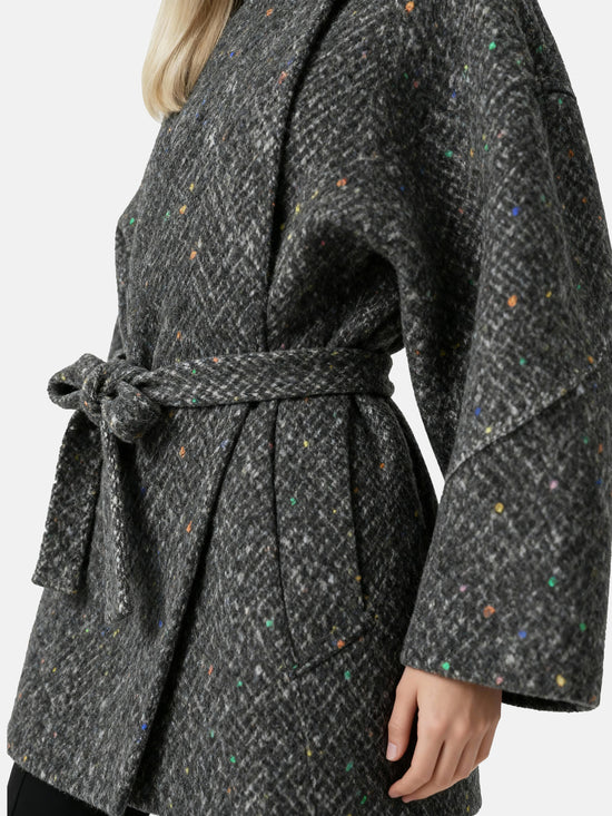 SELVANE grey textured wrap coat featuring a high collar, asymmetric button closure, and self-tie belt.