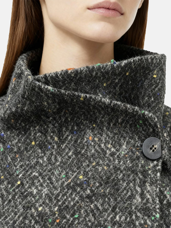 SELVANE grey textured wrap coat featuring a high collar, asymmetric button closure, and self-tie belt.