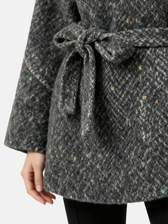 SELVANE grey textured wrap coat featuring a high collar, asymmetric button closure, and self-tie belt.