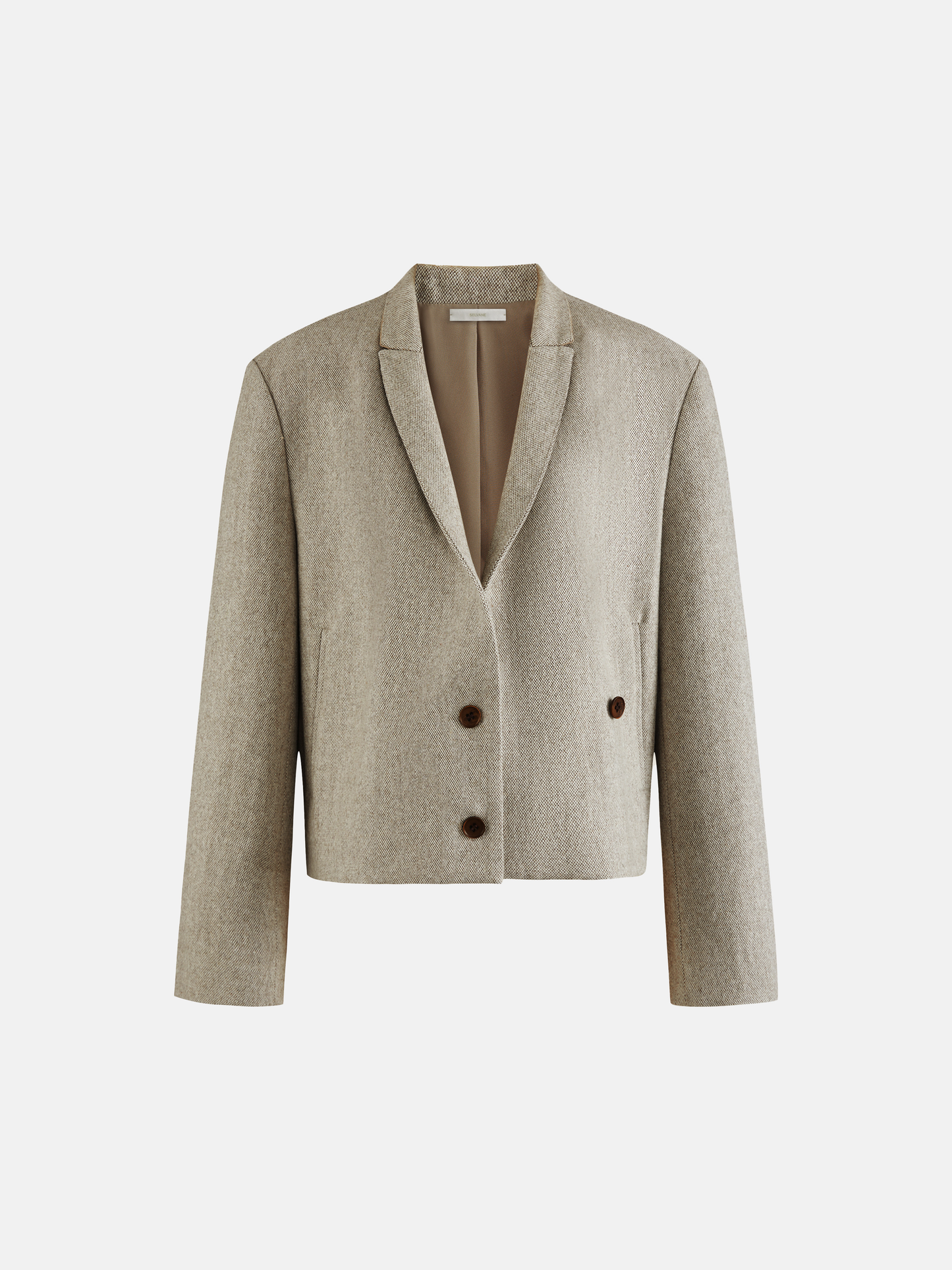 SELVANE Structured V-Neck Tailored Jacket, cropped and boxy with a clean V-neck, tonal contrast collar, and natural horn buttons.