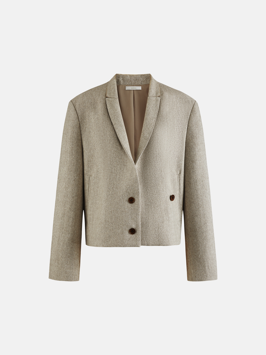 SELVANE Structured V-Neck Tailored Jacket, cropped and boxy with a clean V-neck, tonal contrast collar, and natural horn buttons.