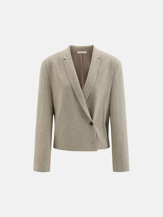 SELVANE Structured V-Neck Tailored Jacket, cropped and boxy with a clean V-neck, tonal contrast collar, and natural horn buttons.