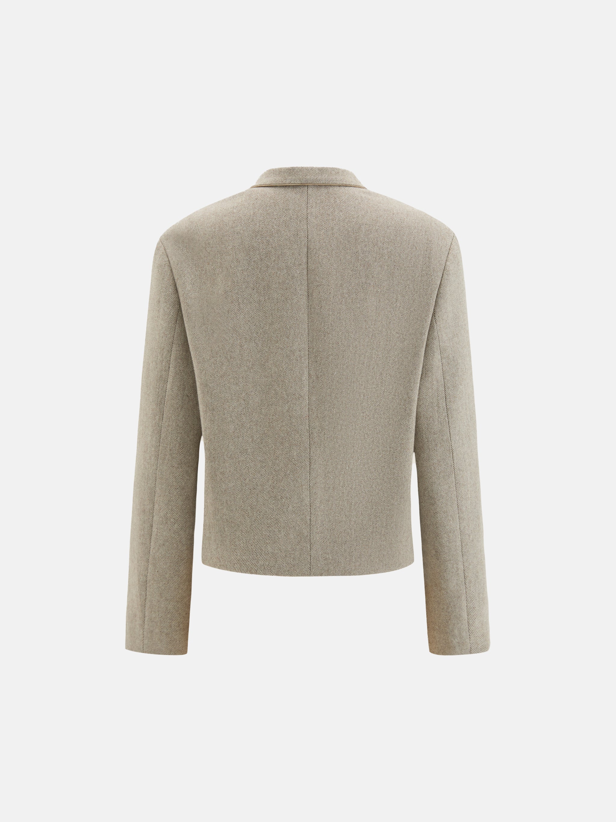 SELVANE Structured V-Neck Tailored Jacket, cropped and boxy with a clean V-neck, tonal contrast collar, and natural horn buttons.