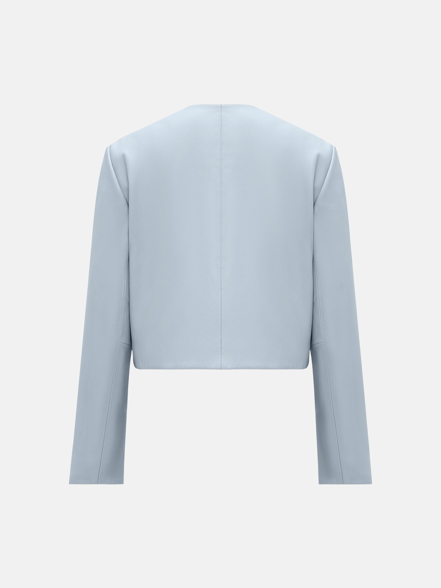 SELVANE Celeste lambskin cropped jacket in Glacier Veil, featuring architectural precision and a refined silhouette.