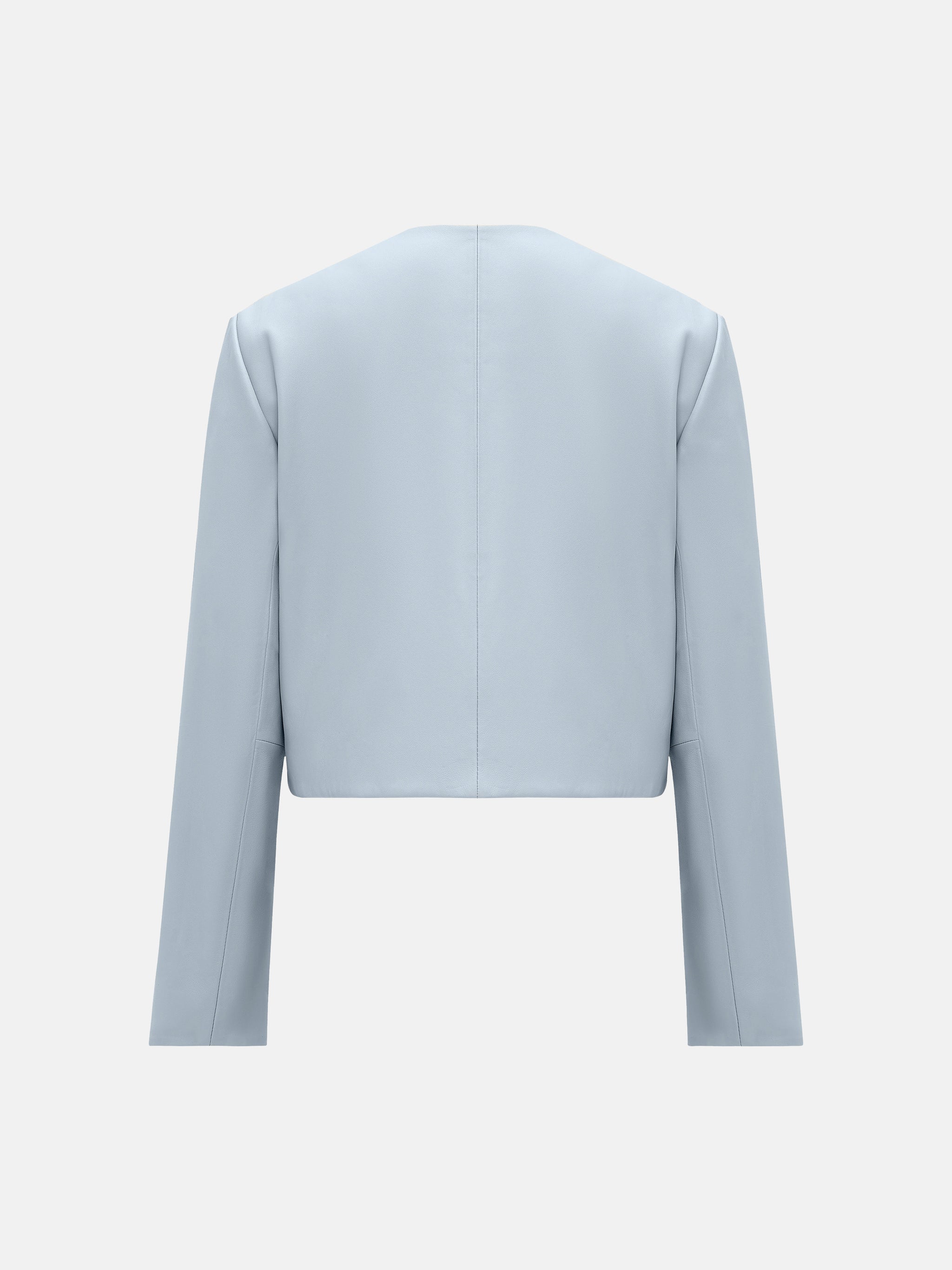 SELVANE Celeste lambskin cropped jacket in Glacier Veil, featuring architectural precision and a refined silhouette.
