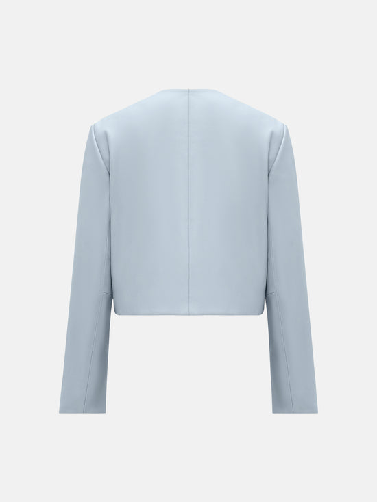 SELVANE Celeste lambskin cropped jacket in Glacier Veil, featuring architectural precision and a refined silhouette.